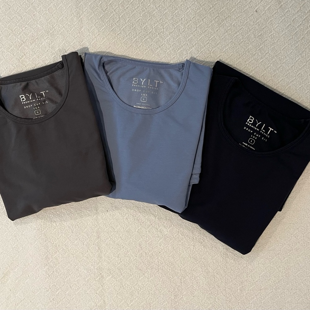 3-Pack BYLT Drop-Cut Lux Shirts – Navy, Light Blue, Heather Grey – Size Large
